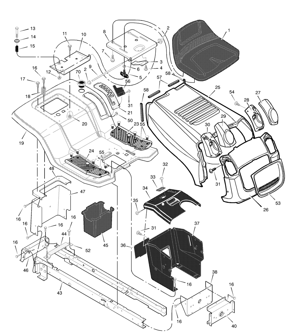 Chassis And Hood Diagram and Parts List for 425604X18A 2003 Briggs and Stratton Lawn Tractor